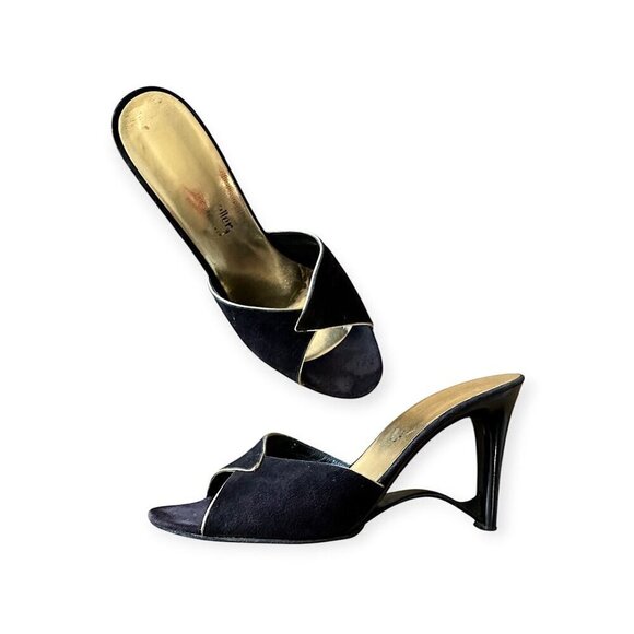 Andrew Geller Black Suede Gold‎ Trim Cutout Wededge Sandals, Vintage, - Picture 1 of 15